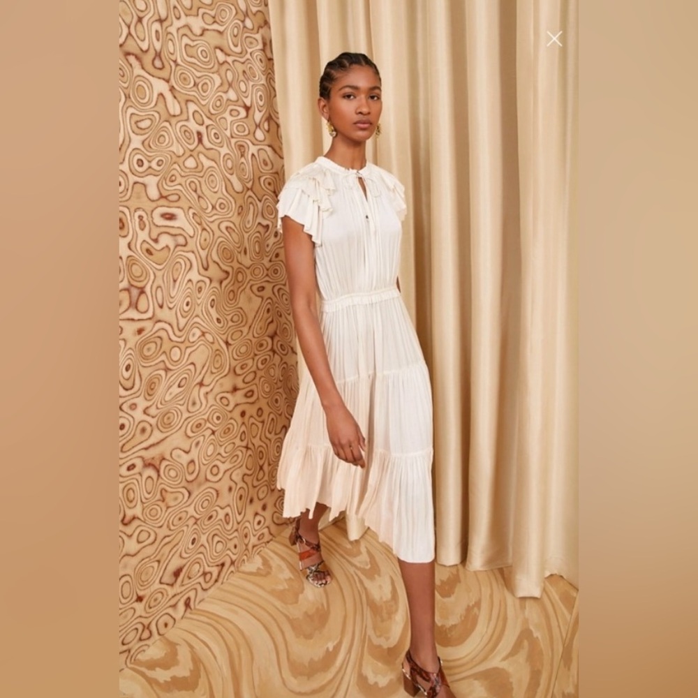 Ulla Johnson Cream Tiered Midi Dress with Ruffle Shoulders - Picture 5 of 6